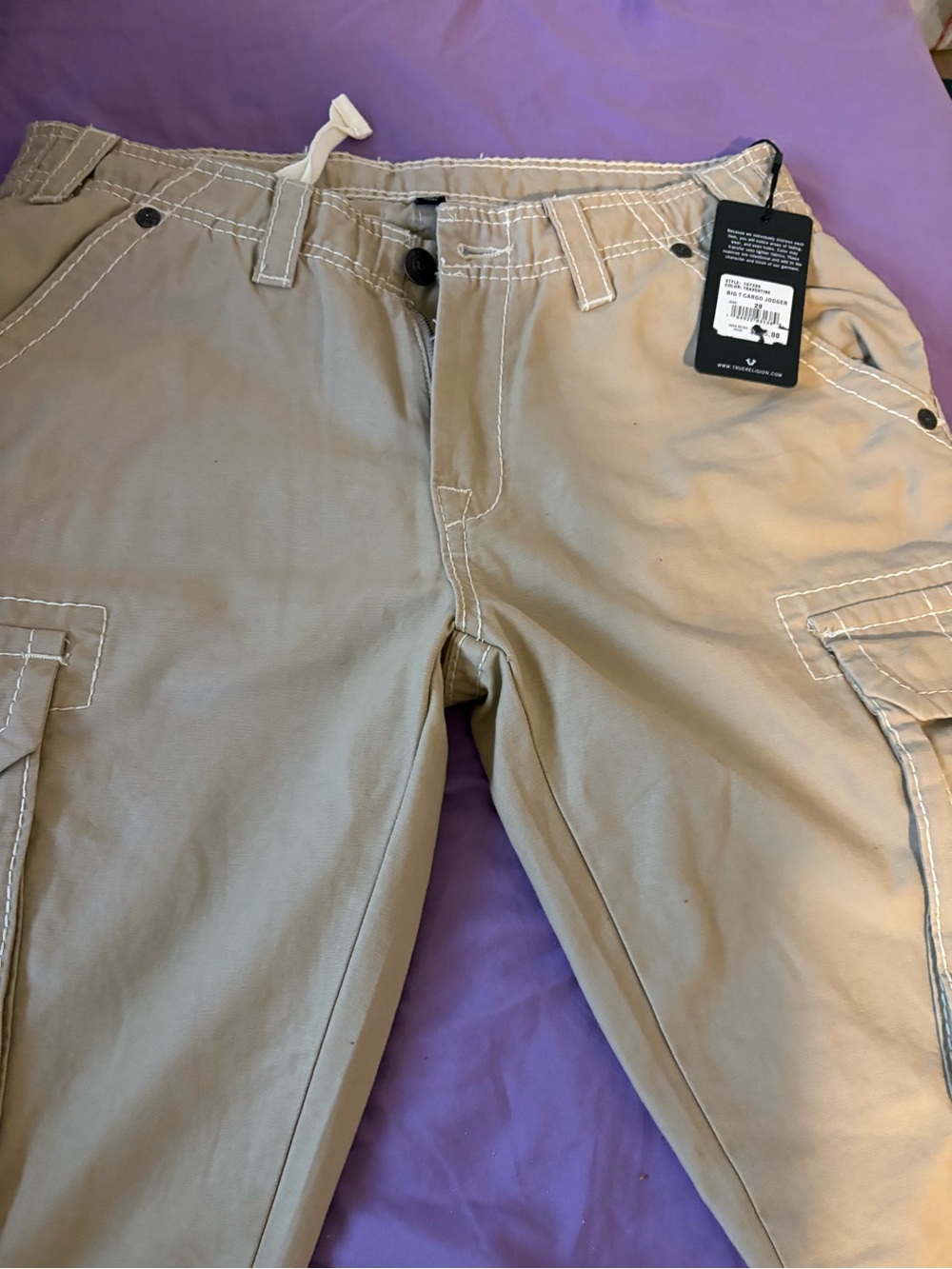 True‎ Religion NWT Big T Cargo Jogger Tan Pants Sz 29 Y2K Utility Khaki Trendy